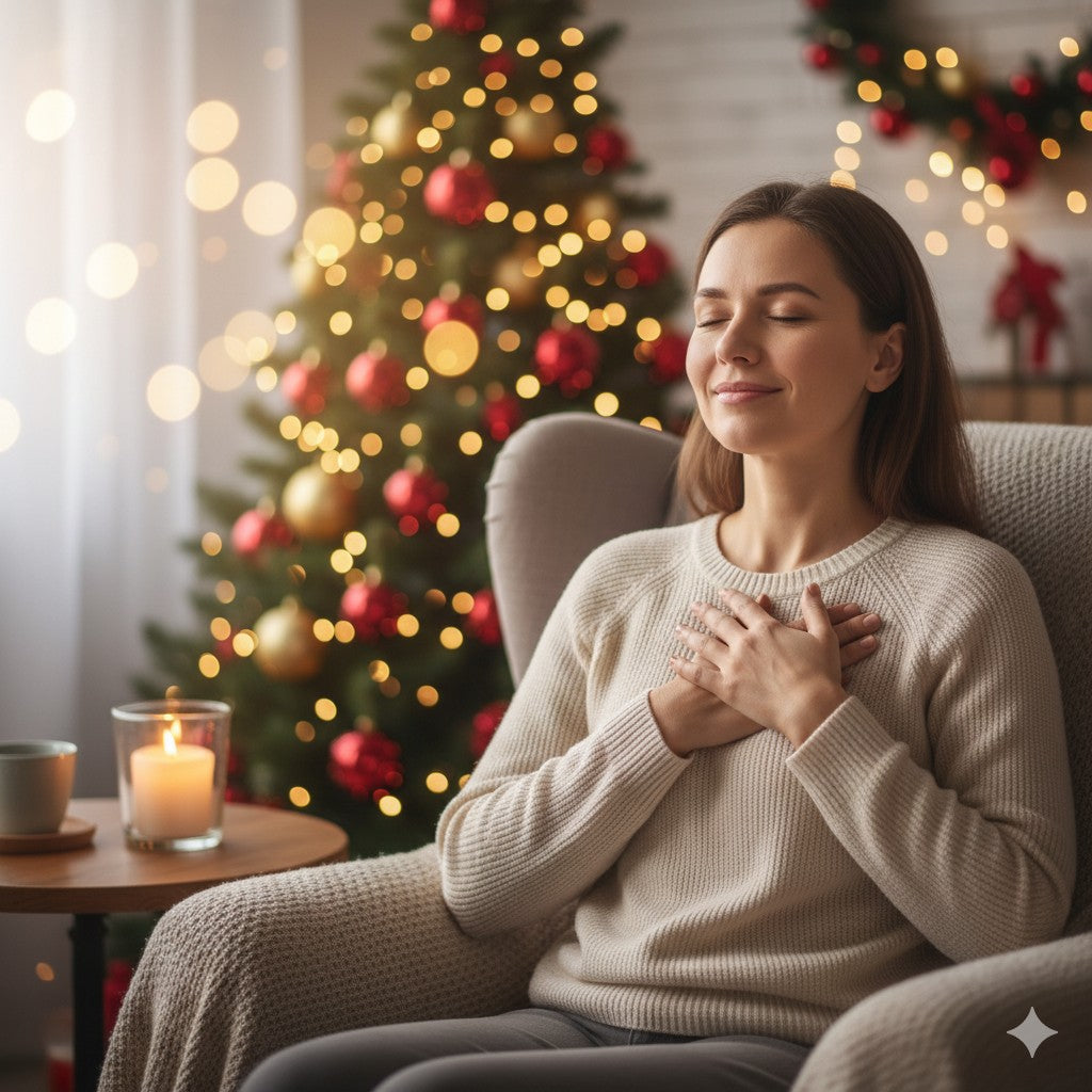 Femme respirant calmement devant un sapin, pratiquant l’auto-hypnose pour réduire le stress des fêtes à Seraincourt – hypnothérapeute Vexin