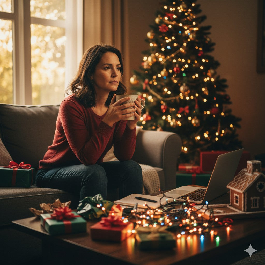 Mère épuisée préparant les fêtes de Noël, illustrant la charge mentale avant une séance d’hypnose à Seraincourt – hypnothérapeute Yvelines Val d'oise