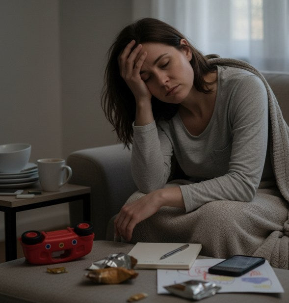 Mère épuisée prenant un moment de pause, illustrant la charge mentale parentale avant une séance d’hypnose à Seraincourt – hypnothérapeute Val d'Oise et Yvelines