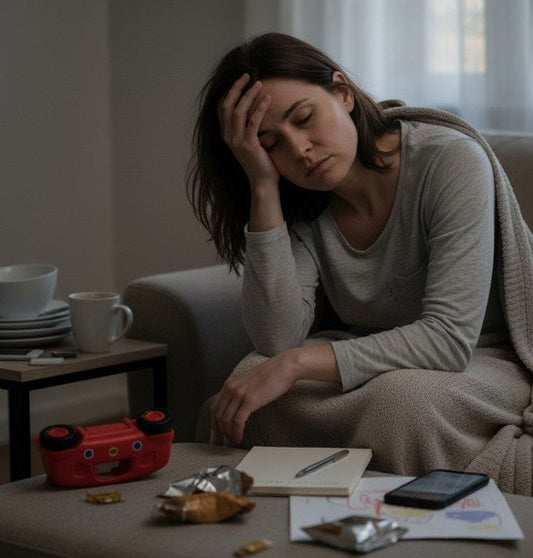 Mère épuisée prenant un moment de pause, illustrant la charge mentale parentale avant une séance d’hypnose à Seraincourt – hypnothérapeute Val d'Oise et Yvelines