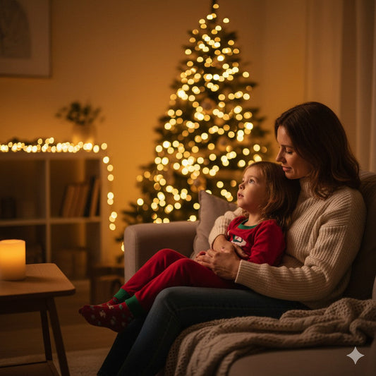Enfant apaisé regardant les lumières de Noël après une séance d’hypnose à Seraincourt – hypnothérapeute Vexin
