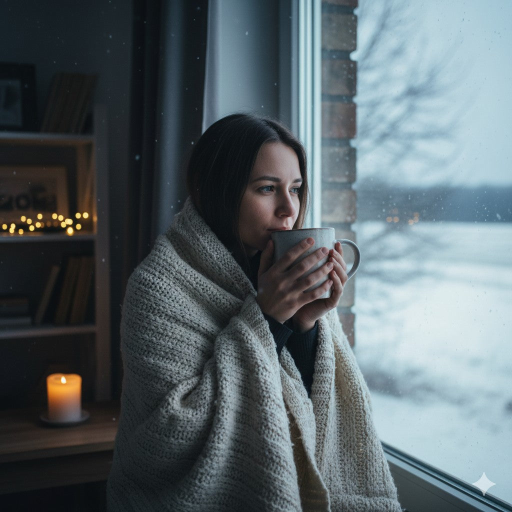 Femme apaisée regardant par la fenêtre en hiver après une séance d’hypnose à Seraincourt – hypnothérapeute Vexin