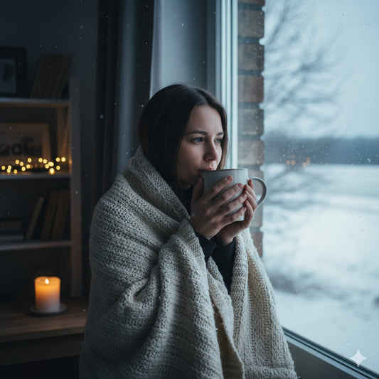 Femme apaisée regardant par la fenêtre en hiver après une séance d’hypnose à Seraincourt – hypnothérapeute Vexin